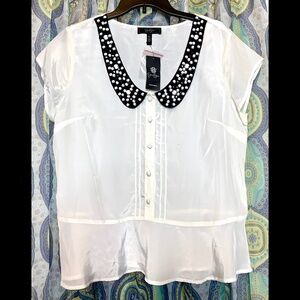 NWT Jessica Simpson White Peplum Top Blouse Beaded Collar Silky Women's XL
